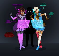  aware blonde_hair blush clothed crossed_eyes dark_skin dialogue electricity female_only femsub fur_coat glasses hacking hi-fi_rush maledom multiple_girls overwatch peppermint_(hi-fi_rush) sombra_(overwatch) text unlikely 
