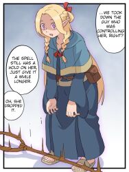  aura blonde_hair braid clothed comic delicious_in_dungeon dialogue drool elf elf_ears empty_eyes expressionless female_only femsub hair_ribbon hard_translated hitsugi_mc leaning_forward long_hair marcille_donato open_mouth purple_eyes ribbon sandals simple_background slouching solo staff text translated 