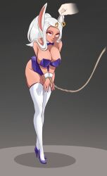  absurdres animal_ears bondage bow_tie breasts bunny_ears bunny_girl bunnysuit bzurrrf cleavage collarbone cuffs dark_skin expressionless eye_roll female_only femsub hanging_breasts high_heels large_breasts leaning_forward leash long_hair my_hero_academia nail_polish pendulum phantom_hand ponytail red_eyes restrained rope rumi_usagiyama simple_background solo standing thighhighs white_hair 