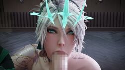  3d akali bangs censored choker control_indicator cyan_eyes empty_eyes fellatio femsub hentaivr league_of_legends looking_at_viewer maledom penis ponytail pov pov_dom ruination white_hair 