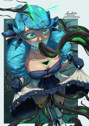  absurdres blue_eyes blue_hair cleavage collarbone corruption doktor_malefic dress dress_lift drill_hair expressionless female_only femsub frills gloves gwen_(league_of_legends) league_of_legends ruination signature simple_background skirt skirt_lift symbol_in_eyes tentacle_in_mouth tentacle_sex tentacles thick_thighs thighhighs twintails unusual_pupils 