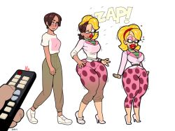 age_progression ass_expansion before_and_after bimbofication blackshirtboy blonde_hair blush breast_expansion breasts brown_hair choker femsub glasses headband high_heels huge_lips lipstick milf multicolored_hair pants remote_control shirt short_hair simple_background sneakers tech_control text transformation