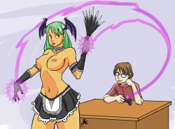  body_control breasts capcom darkstalkers demon_girl feather_duster femsub game_controller glasses green_hair large_breasts long_hair maid maledom mcchesthair monster_girl morrigan_aensland puppet remote_control succubus tech_control topless unhappy_trance video_game 