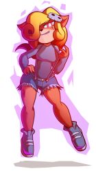  aura blonde_hair coco_bandicoot corruption crash_bandicoot_(series) evil_smile floating furry glowing_eyes pstash red_eyes shoes shorts skull sweater 