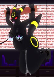 absurdres bondage bottomless breasts cum drool expressionless female_only femsub furry glowing huge_breasts hypnotic_screen lactation large_breasts milking nintendo nude open_mouth pokemon pregnant pussy_juice secret_pony_guy tech_control text tongue tongue_out topless umbreon