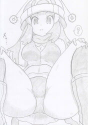  banshou beanie breasts clothed coin confused dawn_(pokemon) empty_eyes female_only femsub greyscale hair_clips hair_ornament long_hair monochrome nintendo panties pendulum pokemon pokemon_diamond_pearl_and_platinum scarf skirt solo spread_legs thick_thighs thighs tight_clothing 