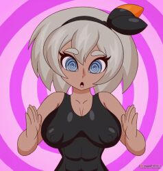  abs animated animated_gif bea_(pokemon) bodysuit breast_press breasts dark_skin erect_nipples expressionless female_only femsub grey_hair hairband large_breasts looking_at_viewer nintendo nipples open_mouth pokemon pokemon_sword_and_shield shadowthespirit short_hair solo spiral spiral_eyes symbol_in_eyes 