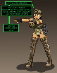  absurdres black_hair boots breasts doll dollification female_only fembot femsub large_breasts military_hat military_uniform open_mouth original robot robotization samurai_cowboy_(someguy231) short_hair supertechno324 tech_control text thigh_boots western wind-up_key 