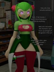  3d cosmo_the_seedrian empty_eyes expressionless femsub green_hair legoguy9875 maledom pink_eyes plant plant_girl sonic_the_hedgehog_(series) standing_at_attention tagme tech_control text 