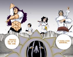  black_hair bleach charlotte_chuhlhourne cirucci_sanderwicci closed_eyes clothed dialogue dordoni_alessandro_del_socaccio english_text face_paint long_hair luppi_antenor mayuri_kurotsuchi multiple_boys multiple_girls official scar short_hair sword text weapon zombie 