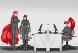 absurdres anno_(anno) antenna blue_eyes bluebullpen bodysuit brown_eyes brown_hair drone empty_eyes expressionless female_only femsub fox_girl headphones high_heels hypnotic_accessory kitsune_girl latex nina_(ninapowa) original red_eyes red_hair standing standing_at_attention star_cadet_luna_(foolycooly) tech_control