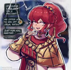  anna_(fire_emblem) assertive_sub bangs blush bracers braid cape clothed coin earrings female_only femsub financial_domination finger_to_mouth fire_emblem fire_emblem_fortunes_weave gold humor jewelry long_hair nintendo open_mouth pendulum ponytail red_eyes red_hair sequence smile solo spiralwash_eyes suit text transparenttexture 