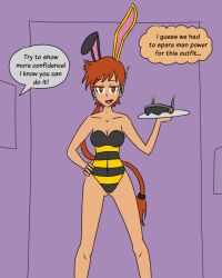  antenna bee_suit breasts bunny_ears bunny_girl bunnysuit cleavage collarbone dialogue empty_eyes eyebrows_visible_through_hair fake_animal_ears female_only femsub hand_on_hip mythkaz open_mouth original ponytail red_eyes red_hair simple_background smile solo speech_bubble standing tech_control text thought_bubble tray very_long_hair visor 