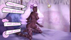 breast_grab breasts dairydrop dark_skin dialogue english_text femsub good_sub_conditioning happy_trance jacinthe_(pokemon) kneeling mantra navel nude pocket_watch pokemon pussy swaying text