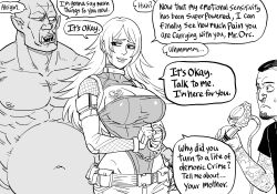 absurdres altered_perception assertive_sub aware baalbuddy beard belt breasts chains claws cleavage collar denial dialogue earrings elf_ears english_text fangs femsub fishnets gloves greyscale handcuffs heart heart_tattoo humor hypnotic_tattoo large_breasts monochrome multiple_boys multiple_doms nose_ring orc pants parody restrained scar shirt simple_background smile speech_bubble sweat taimanin_(series) tattoo text turning_the_tables white_background wholesome