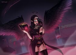  absurdres alrissa_cynnesh angel angel_girl before_and_after belt black_hair black_lipstick black_nail_polish blue_eyes blush book breast_grab breasts cameltoe clothed corruption earrings elf elf_ears female_only femsub glowing halo headdress hypnotic_accessory hypnotic_magic jewelry large_breasts lipstick long_hair magic makeup mephiscrypie nail_polish necklace no_haven nun official panties pussy_juice self_hypnosis signature solo sparkle standing sweat thick_thighs thighhighs thighs torn_clothes underwear wings 