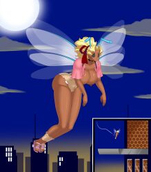  alien_girl antenna bare_legs bee_girl black_sclera blonde_hair bluebullpen choker comic dark_skin earrings erect_nipples expressionless femdom femsub hair_ribbon huge_ass huge_breasts midriff mihoshi_kuramitsu ponytail sandals short_shorts story tenchi_muyo! topless torn_clothes wings 