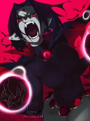 aetherion blood claws corruption dc_comics demon_girl earrings fangs female_only femsub grey_skin leotard open_mouth purple_hair raven red_background red_eyes short_hair super_hero teen_titans thick_thighs tights transformation vampire