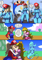 alternate_costume blonde_hair blue_eyes blush bodysuit breast_press breasts brown_hair cappy closed_eyes consensual cosplay crossover crown dialogue earrings femsub floating ghost gloves hand_on_hip happy_trance hat heart heart_eyes hexside kissing large_breasts long_hair maledom mario metroid_(series) mole mustache nintendo one_eye_open open_mouth outdoors ponytail possession princess princess_peach samus_aran short_hair smile speech_bubble super_mario_bros. super_mario_odyssey super_smash_bros. surprised text wink yuri zero_suit