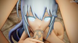  3d aqua_(konosuba) blue_hair bottomless cum_in_mouth dochaunt fellatio female_only femsub goddess kono_subarashii_sekai_ni_shukufuku_wo! long_hair maledom nude spiral_eyes symbol_in_eyes topless watermark 