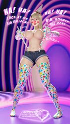  3d blender blonde_hair bouncing_breasts breasts clown clown_girl clownification crossed_eyes dialogue face_paint fingerless_gloves happy_trance hat jean_shorts long_hair makeup metroid_(series) navel nintendo open_mouth opera_gloves pink_eyes samus_aran short_shorts shorts signature smile spiral_background standing supercasket suspenders text topless 