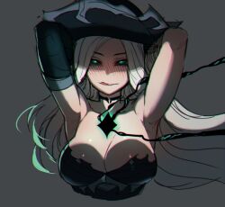 alternate_costume alternate_hair_color alternate_hairstyle arms_above_head black_sclera breasts cleavage corruption evil_smile female_only femsub glowing glowing_eyes hat large_breasts league_of_legends long_hair looking_at_viewer miss_fortune_(league_of_legends) ratatatat74 ruination simple_background smile solo tongue tongue_out torn_clothes white_hair