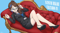  alternate_costume alternate_hair_color bare_legs blue_background blue_eyes blue_hair brown_hair chair couch crossed_legs daikic english_text femsub glasses happy_trance high_heels kamen_rider kamen_rider_decade kamen_rider_den-o long_hair looking_at_viewer maledom multicolored_hair natsumi_hikari possession sitting smile text thighs urataros 