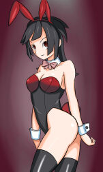  aznmega black_hair bow_tie bracers breasts brown_eyes bunny_ears bunny_girl bunnysuit cuffs empty_eyes fake_animal_ears female_only femsub large_breasts long_hair nintendo pokemon pokemon_omega_ruby_and_alpha_sapphire simple_background smile solo standing standing_at_attention thighhighs zinnia 