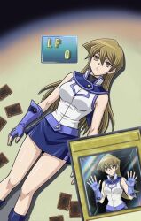  alexis_rhodes breasts brown_eyes brown_hair card empty_eyes expressionless femsub large_breasts long_hair miya_2jisuki skirt soul_stealing trapped yu-gi-oh! yu-gi-oh!_arc-v yu-gi-oh!_gx 