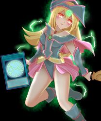  aura blonde_hair boots card collar control_indicator dark_magician_girl electricity female_only femsub glowing glowing_eyes happy_trance hat leotard long_hair looking_at_viewer magical_girl non_(artist) pentagram red_eyes seal_of_orichalcos skirt solo staff symbol yu-gi-oh! 