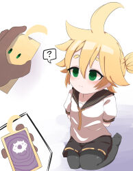  blonde_hair cell_phone confused empty_eyes green_eyes hypnotic_screen kneeling len_kagamine male_only malesub nekomama shota thighhighs vocaloid 