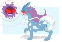  animals_only diaper furry gastly ghost glowing glowing_eyes nintendo open_mouth pokemon poofy_dragon red_eyes scat suicune 
