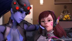  3d accidental_hypnosis animated animated_gif blue_hair blue_skin breasts brown_eyes brown_hair clothed d.va dazed female_only femdom femsub finger_snap large_breasts long_hair multiple_girls multiple_subs open_mouth overwatch seamless short_hair sleep_command smile source_filmmaker tracer widowmaker 