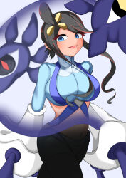 absorption alternate_hair_color androgynous_dom assimilation black_hair blue_eyes breasts chabo_crown corruption evil_smile femsub happy_trance large_breasts long_hair midriff navel nintendo open_mouth parasite pokemon pokemon_(creature) pokemon_black_and_white pokemon_sun_and_moon possession skyla smile ub-01