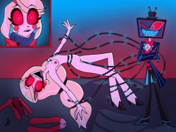  blonde_hair breasts charlie_(hazbin_hotel) comic femsub happy_trance hazbin_hotel maledom red_eyes ring_eyes sharkyblus smile spiral_eyes spiralwash_eyes vox 