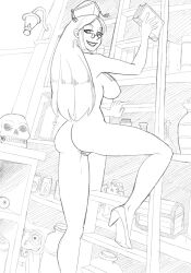 bottomless breasts female_only femsub glasses happy_trance hat high_heels mindwipe_(artist) nude overwhored sketch thalia_(overwhored) topless