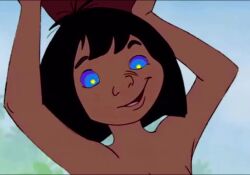  animated animated_gif black_hair disney happy_trance kaa_eyes manip mowgli screencast short_hair smile the_jungle_book topless 