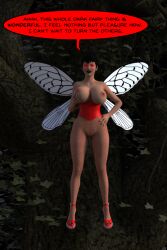  3d bare_breasts black_hair breasts corruption corset dialogue disney exposed_chest fairy female_only femsub fishnets high_heels huge_breasts legs peter_pan_(movie) red_eyes short_hair solo text theheckle tinkerbell 