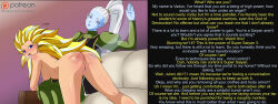  ass bare_shoulders blue_eyes blue_skin blush bottomless breasts caption dragon_ball dragon_ball_super dragon_ball_xenoverse_2 female_only femdom femsub hand_mark jjmayoboy_(manipper) long_hair manip nude open_mouth pussy spanking text tongue topless unaware vados white_hair yuri 