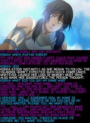  amnesia arm_bands avatar_the_last_airbender black_hair clothed confused drool female_only femsub gamingsm korra legend_of_korra maledom manip short_hair solo spiral_eyes symbol_in_eyes tagme text twintails 