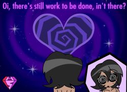    black_eyes black_hair dark_skin dazed femsub freckles heart hypnoscream kingdom_hearts murder_drones nude open_mouth purple_background spiralwash_eyes tessa_james_elliot text 