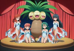 ai_art black_hair cleavage empty_eyes exeggutor expressionless femsub glasses green_hair hellsing002_(generator) high_heels kneeling leotard long_hair lorelei multiple_girls multiple_subs nintendo nurse_joy officer_jenny pink_hair pokemon pokemon_(creature) ponytail red_eyes red_hair sabrina stage stage_hypnosis standing