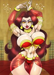absurdres alternate_costume ambiguous_pov androgynous_sub arms_above_head breasts choker costume dancing donkey_kong_(series) earrings eyeshadow femsub happy_trance harem_outfit hypnotic_dance hypnotic_eyes hypnotized_hypnotist large_breasts lipstick looking_at_viewer makeup midriff navel nintendo pauline pov pov_sub red_hair red_lipstick spiral_eyes spiralwash_eyes super_mario_bros. thighs zorro-zero