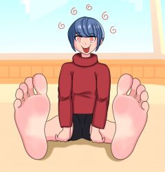  barefoot blue_hair dazed feet female_only foot_focus happy_trance shima_rin short_hair smile spiral spiral_eyes symbol_in_eyes tongue tongue_out yuru_camp 