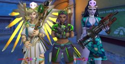 3d absurdres angry clothed female_only femdom femsub ljublana mercy mole original overwatch red_eyes screenshot sombra_(overwatch) staff text widowmaker