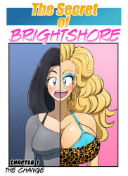  before_and_after bimbofication black_hair blonde_hair blue_eyes breast_expansion comic kobi94 original smile text 