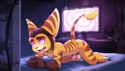  ai_art bed computer drool furry gloves hypnotic_screen male_only malesub novelai_(ai) open_mouth precum ratchet_and_clank small_penis spiral_eyes tongue tongue_out 