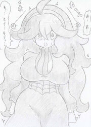  ahoge banshou breasts female_only femsub greyscale hex_maniac large_breasts long_hair nintendo open_mouth pendulum pokemon pokemon_x_and_y sketch solo spiral_eyes symbol_in_eyes text translation_request 
