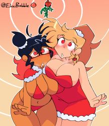 bikini bliss_(elecbabble) breast_press christmas dress drool elecbabble mistletoe raiza_(elecbabble) ring_eyes