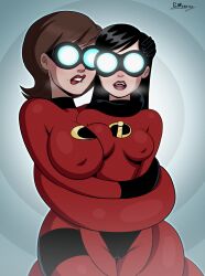  black_hair brown_hair disney female_only femsub goggles helen_parr lip_biting long_hair mother_and_daughter nipple_piercing pixar polmanning pussy shorts super_hero the_incredibles violet_parr 